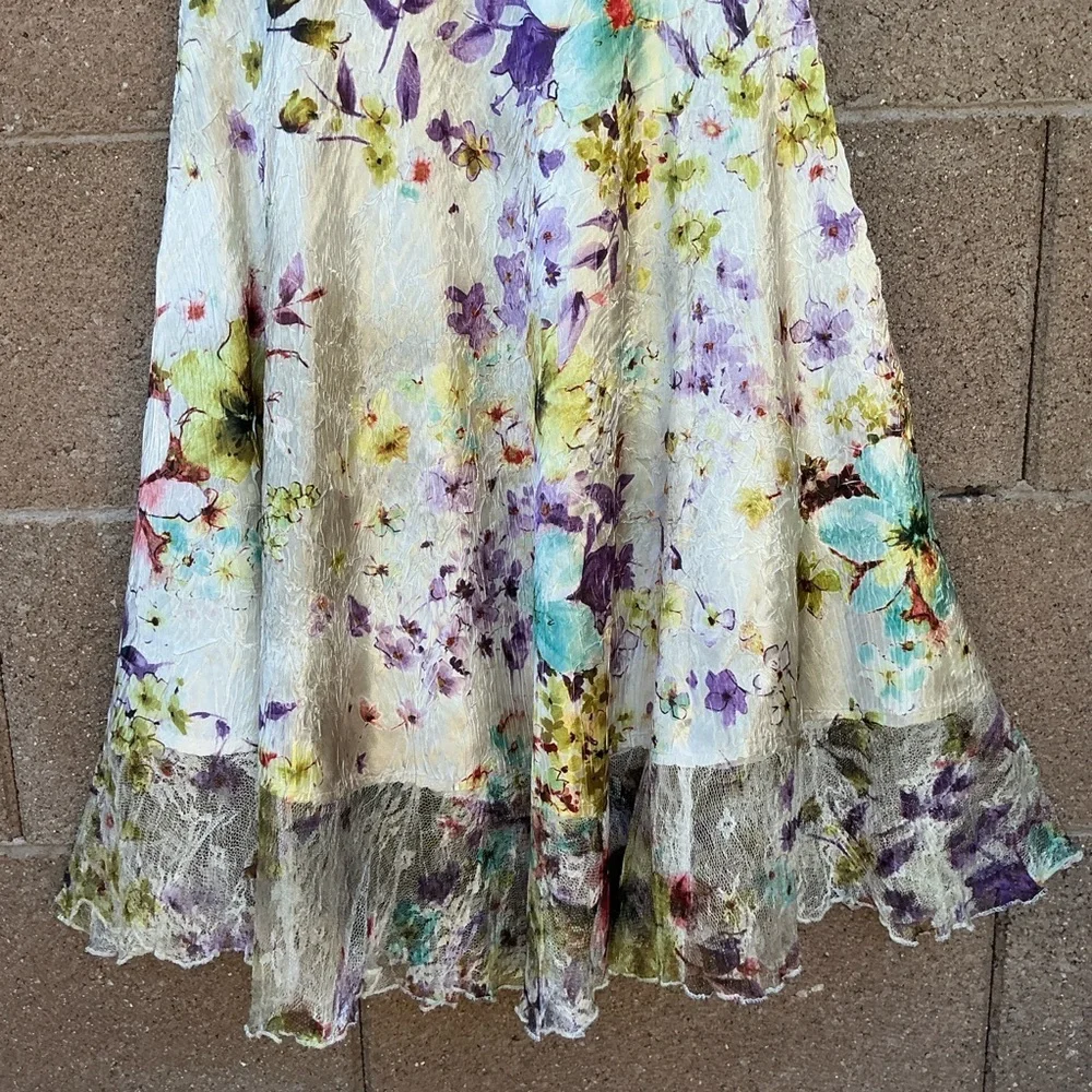 NWOT Komarov Floral Crinkle Lace Satin Midi Dress Large Fit & Flare Keyhole Chic